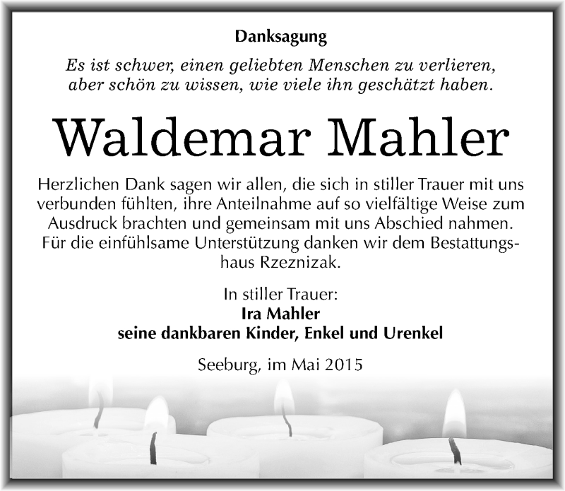 Traueranzeigen Von Waldemar Mahler Abschied Nehmen De