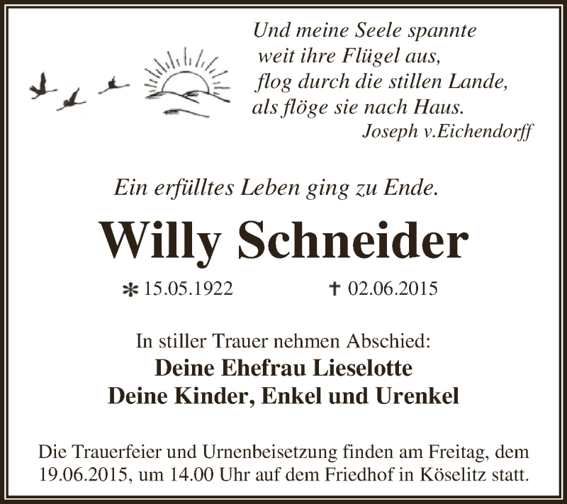 Traueranzeigen Von Willy Schneider Abschied Nehmen De