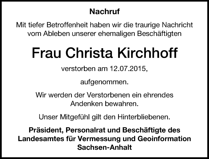 Traueranzeigen Von Christa Kirchhoff Abschied Nehmen De