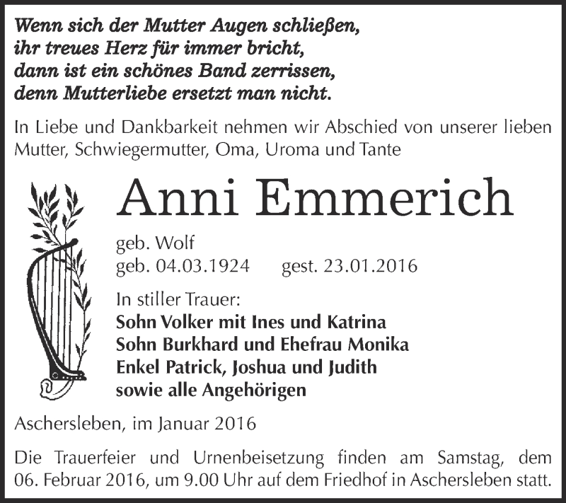 Traueranzeigen Von Anni Emmerich Abschied Nehmen De