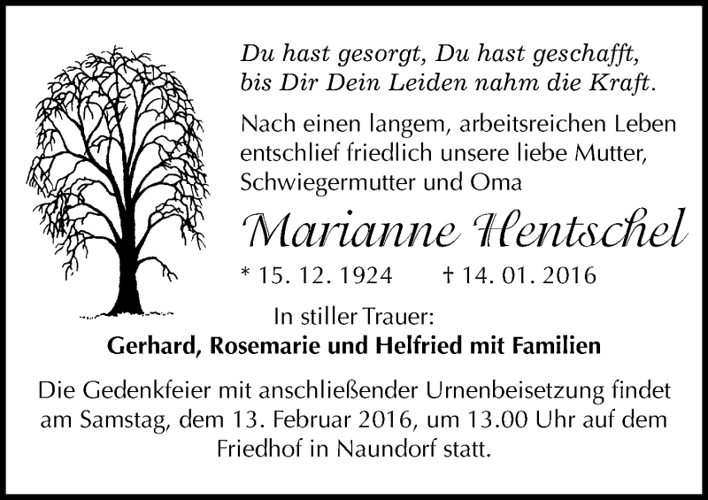 Traueranzeigen Von Marianne Hentschel Abschied Nehmen De