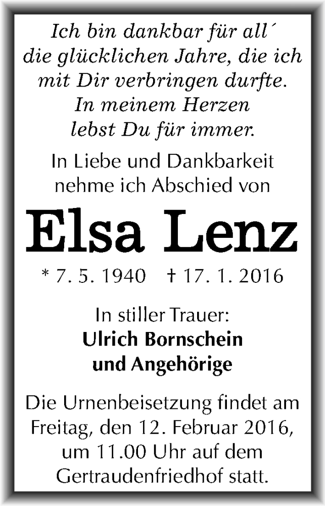 Traueranzeigen Von Elsa Lenz Abschied Nehmen De