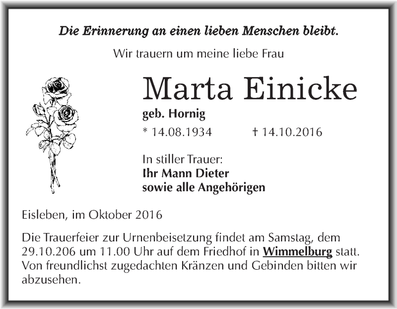 Traueranzeigen Von Marta Einicke Abschied Nehmen De