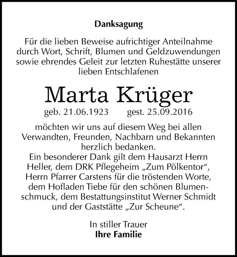 Traueranzeigen Von Marta Kr Ger Abschied Nehmen De