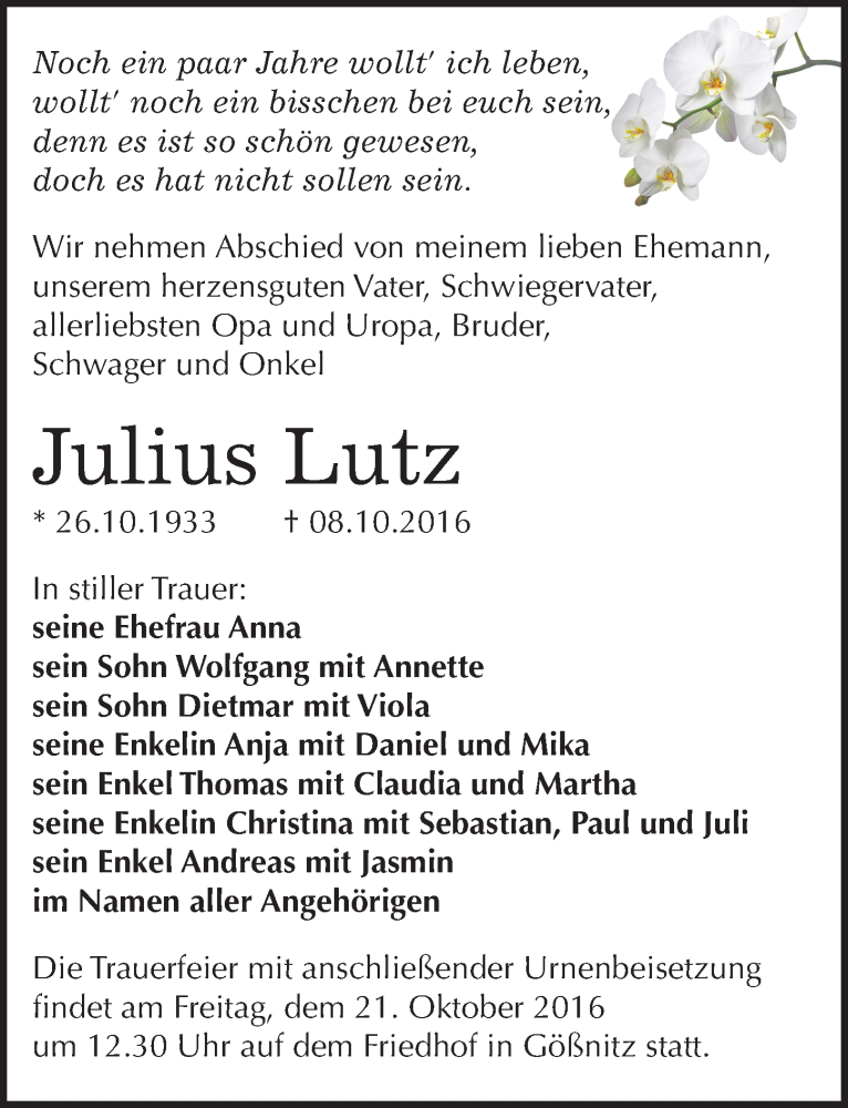 Traueranzeigen Von Julius Lutz Abschied Nehmen De