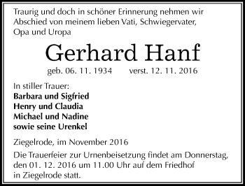 Traueranzeigen Von Gerhard Hanf Abschied Nehmen De