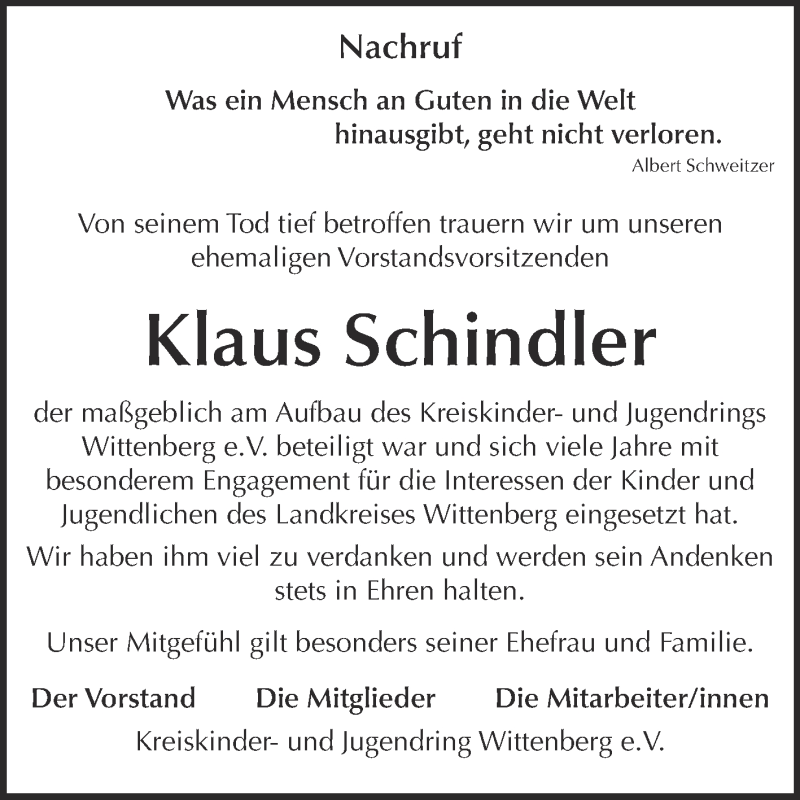 Traueranzeigen Von Klaus Schindler Abschied Nehmen De