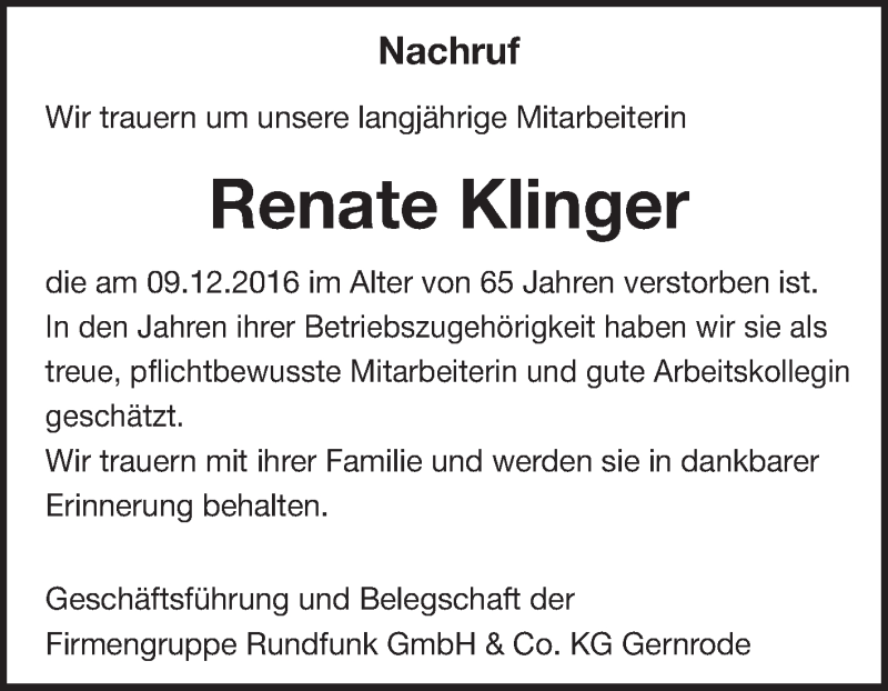 Traueranzeigen Von Renate Klinger Abschied Nehmen De