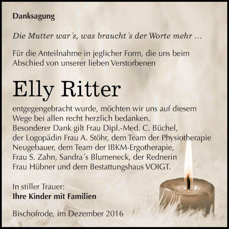 Traueranzeigen Von Elly Ritter Abschied Nehmen De