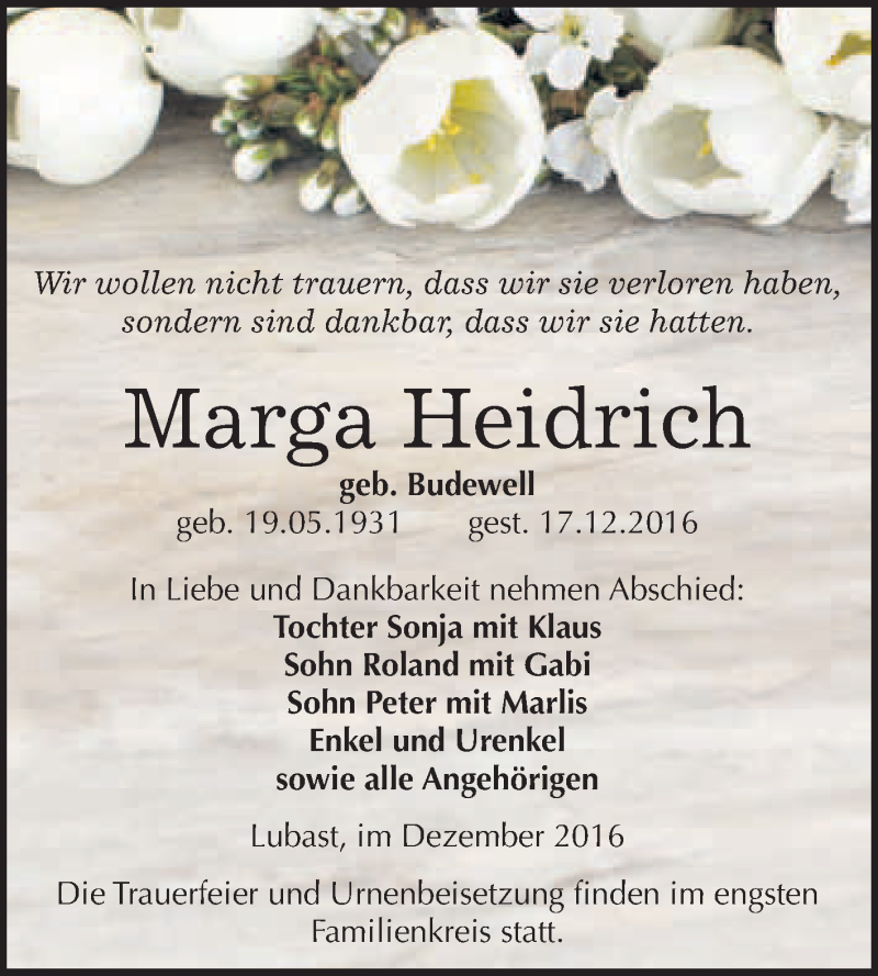 Traueranzeigen Von Marga Heidrich Abschied Nehmen De