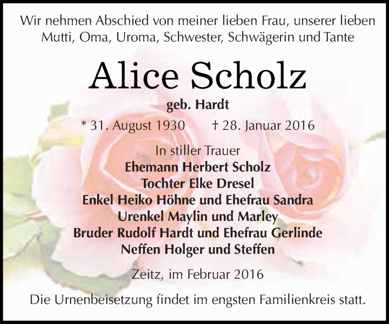 Traueranzeigen Von Alice Scholz Abschied Nehmen De