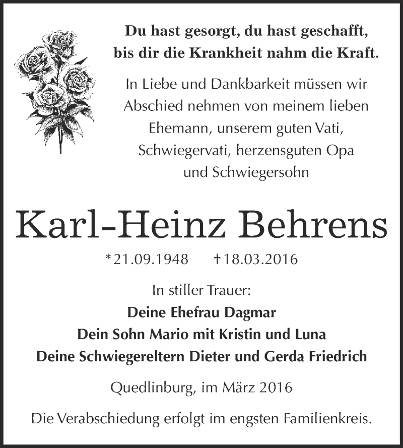 Traueranzeigen Von Karl Heinz Behrens Abschied Nehmen De