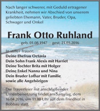 Traueranzeigen Von Frank Otto Ruhland Abschied Nehmen De