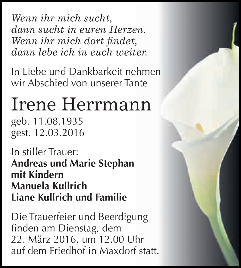 Traueranzeigen Von Irene Herrmann Abschied Nehmen De