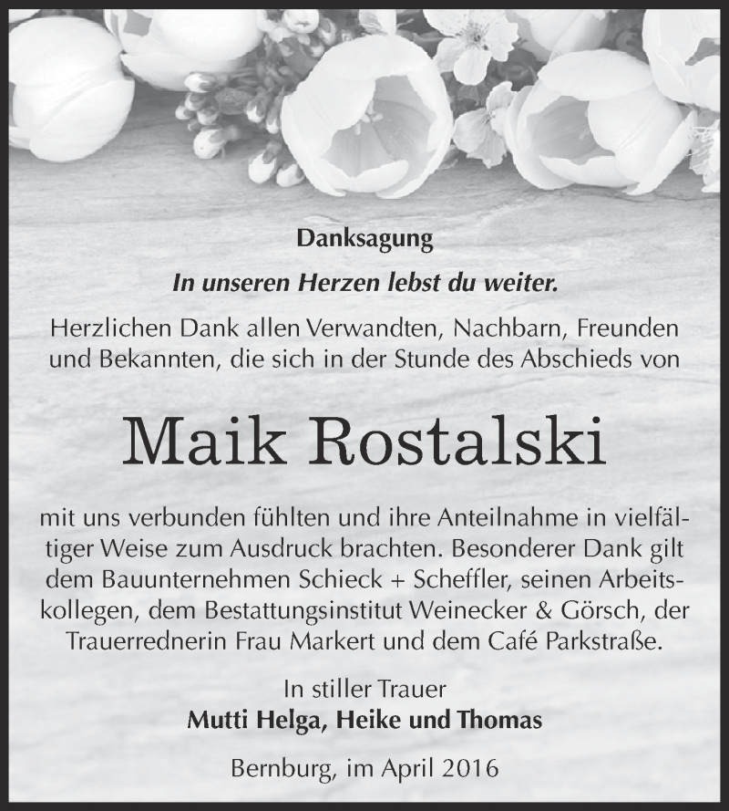 Traueranzeigen Von Maik Rostalski Abschied Nehmen De