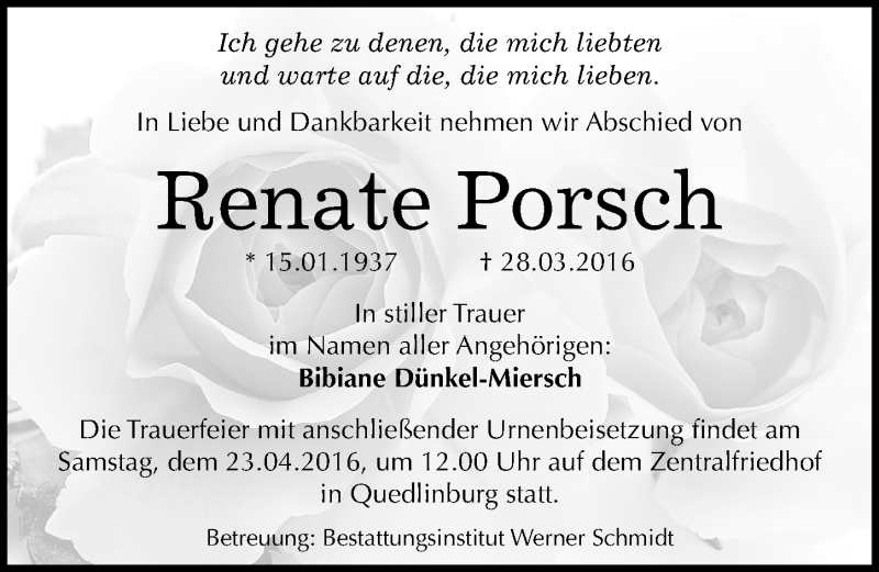 Traueranzeigen Von Renate Porsch Abschied Nehmen De