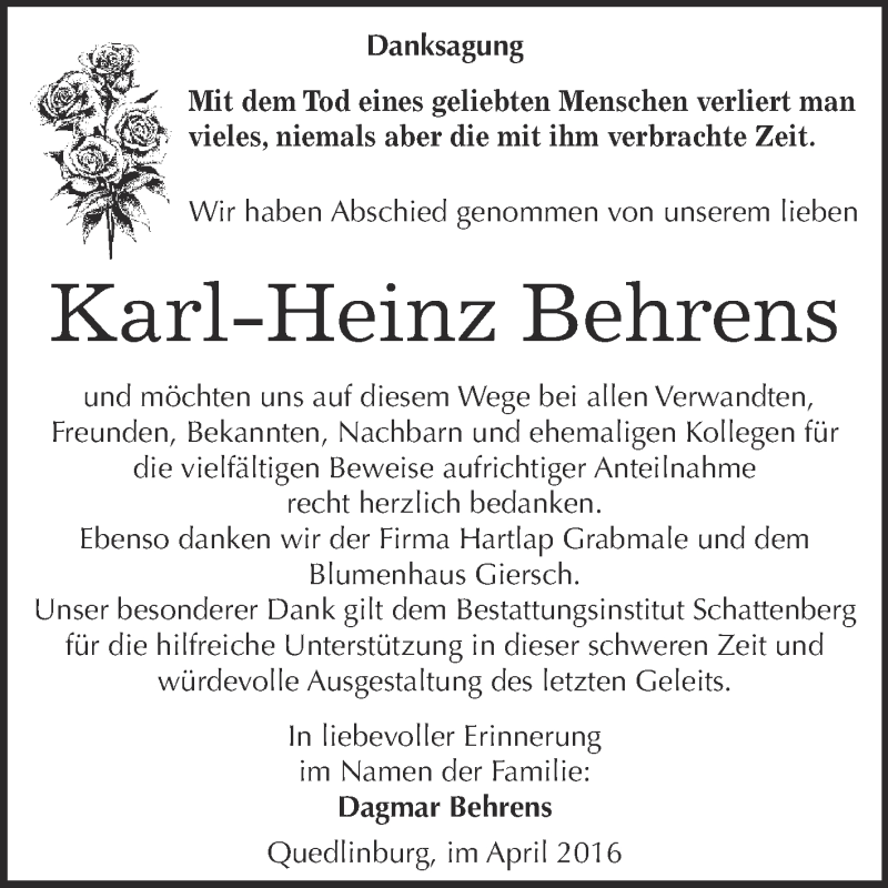 Traueranzeigen Von Karl Heinz Behrens Abschied Nehmen De