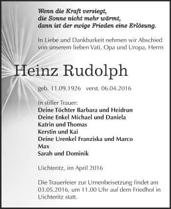 Traueranzeigen Von Heinz Rudolph Abschied Nehmen De