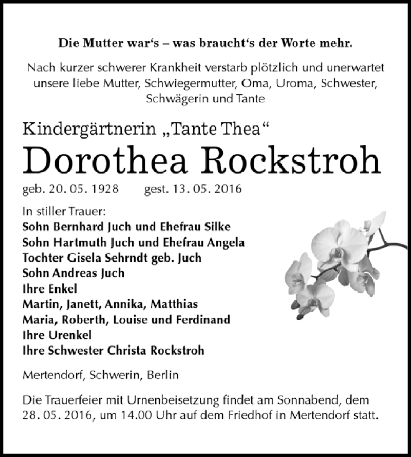 Traueranzeigen Von Dorothea Rockstroh Abschied Nehmen De