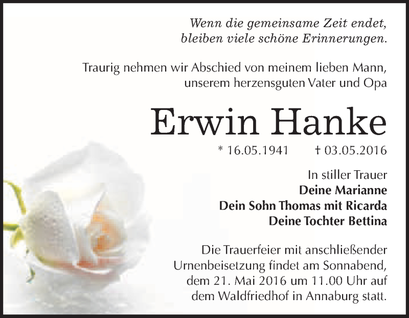 Traueranzeigen Von Erwin Hanke Abschied Nehmen De