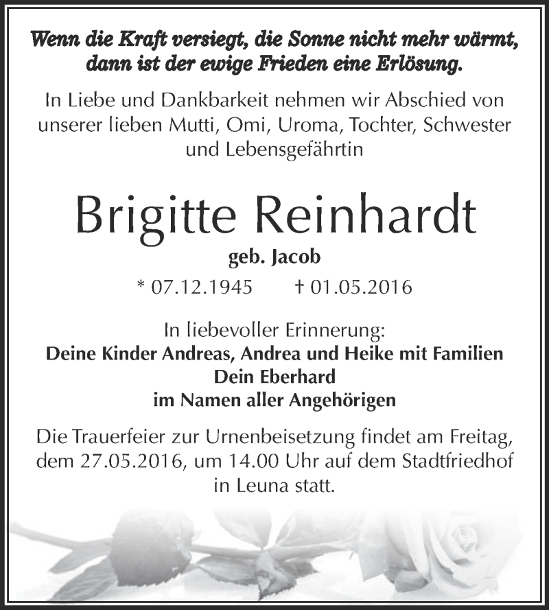 Traueranzeigen Von Brigitte Reinhardt Abschied Nehmen De