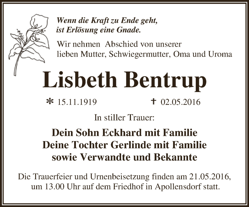 Traueranzeigen Von Lisbeth Bentrup Abschied Nehmen De