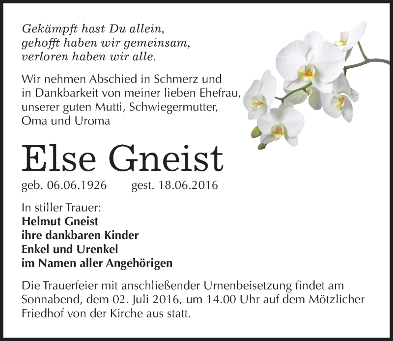 Traueranzeigen Von Else Gneist Abschied Nehmen De