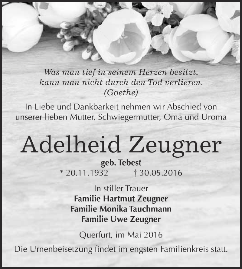 Traueranzeigen Von Adelheid Zeugner Abschied Nehmen De