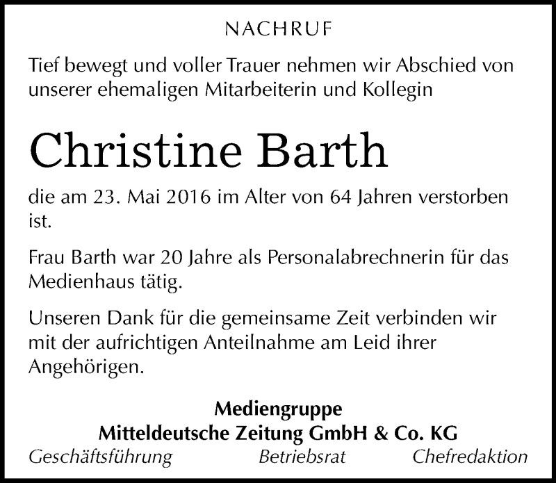 Traueranzeigen Von Christine Barth Abschied Nehmen De