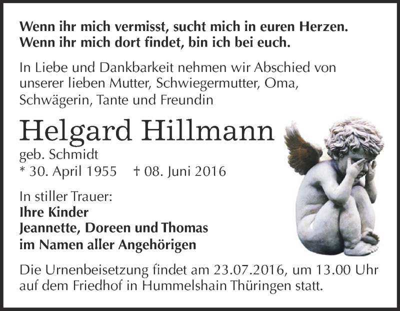 Traueranzeigen Von Helgard Hillmann Abschied Nehmen De