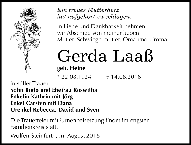 Traueranzeigen Von Gerda Laa Abschied Nehmen De