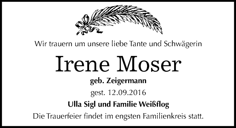 Traueranzeigen Von Irene Moser Abschied Nehmen De