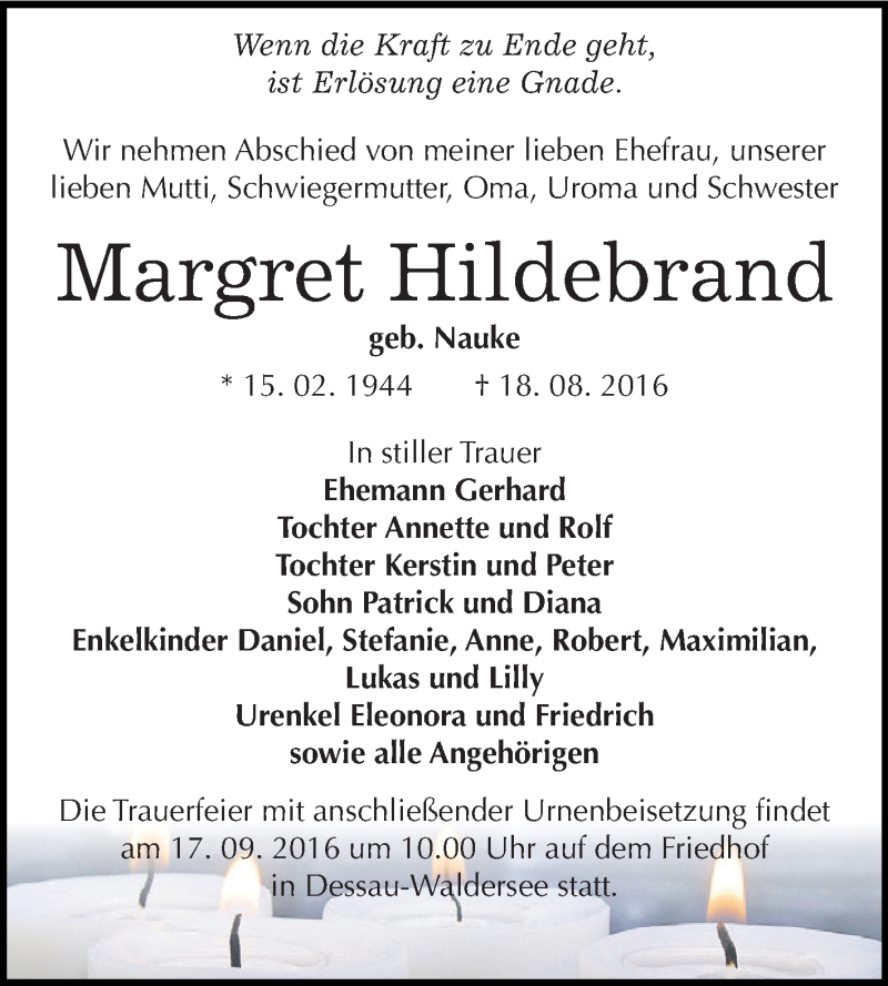 Traueranzeigen Von Margret Hildebrand Abschied Nehmen De