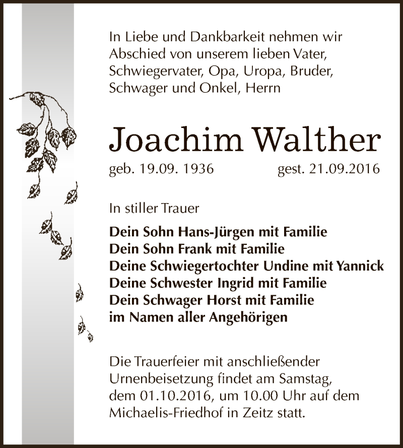 Traueranzeigen Von Joachim Walther Abschied Nehmen De