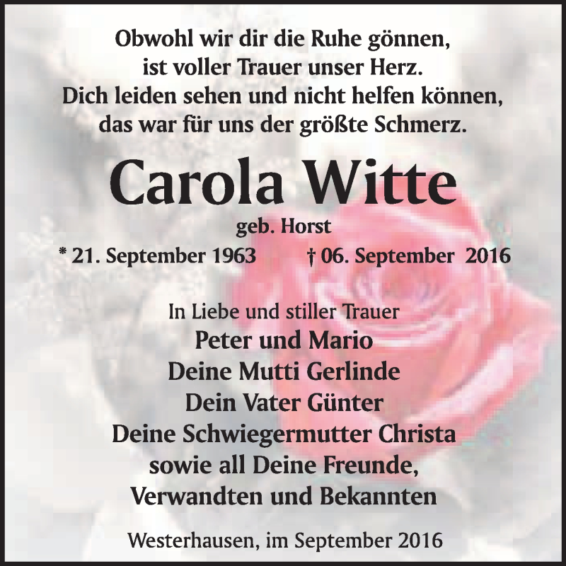 Traueranzeigen Von Carola Witte Abschied Nehmen De