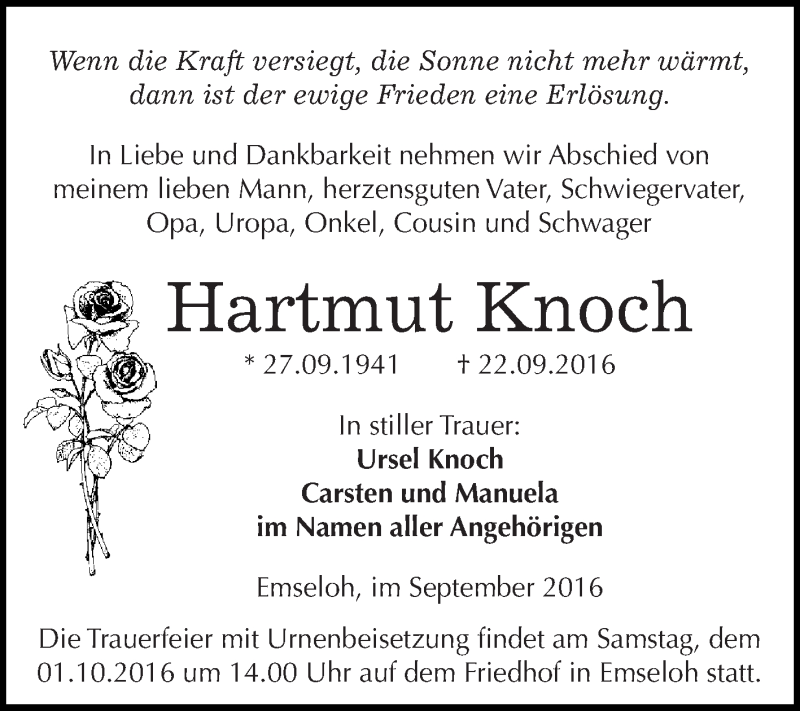 Traueranzeigen Von Hartmut Knoch Abschied Nehmen De