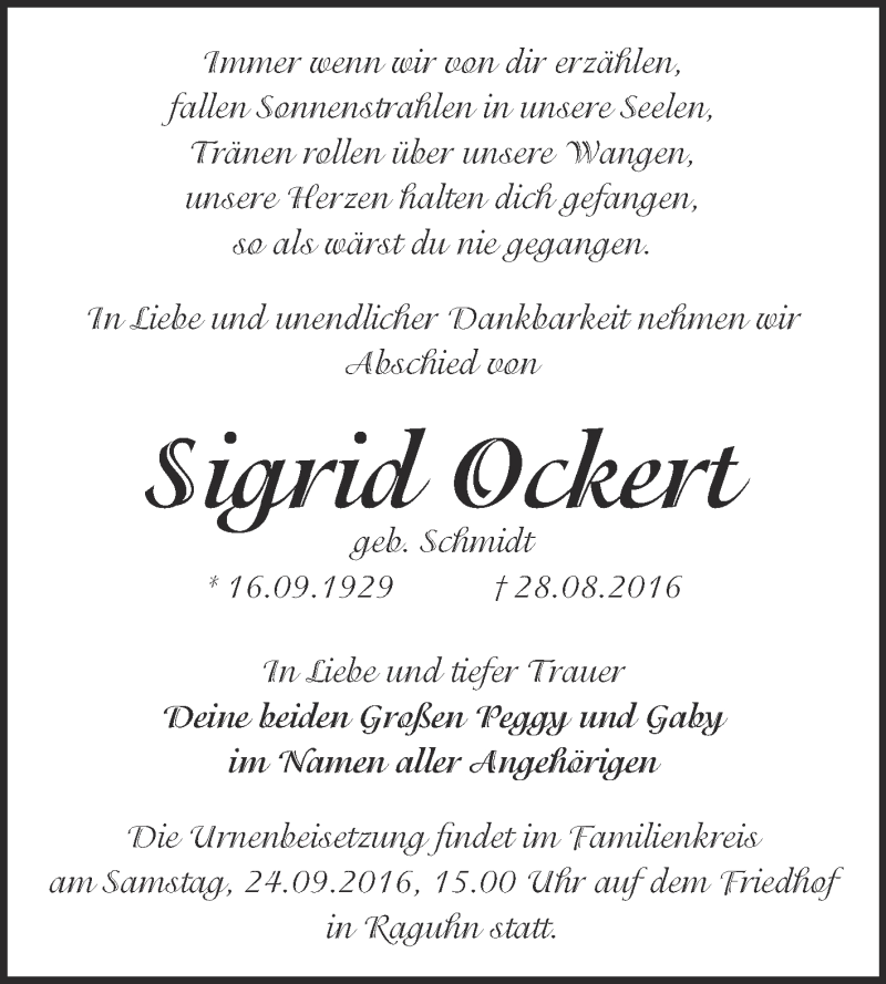 Traueranzeigen Von Sigrid Ockert Abschied Nehmen De