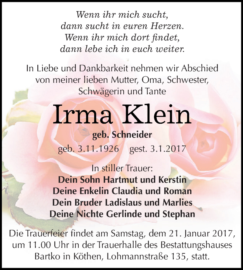 Traueranzeigen Von Irma Klein Abschied Nehmen De