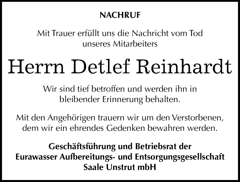 Traueranzeigen Von Detlef Reinhardt Abschied Nehmen De