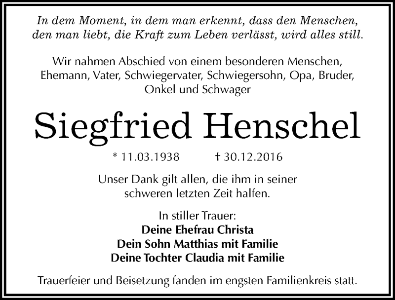 Traueranzeigen Von Siegfried Henschel Abschied Nehmen De