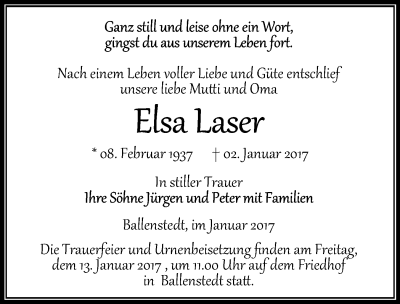 Traueranzeigen Von Elsa Laser Abschied Nehmen De