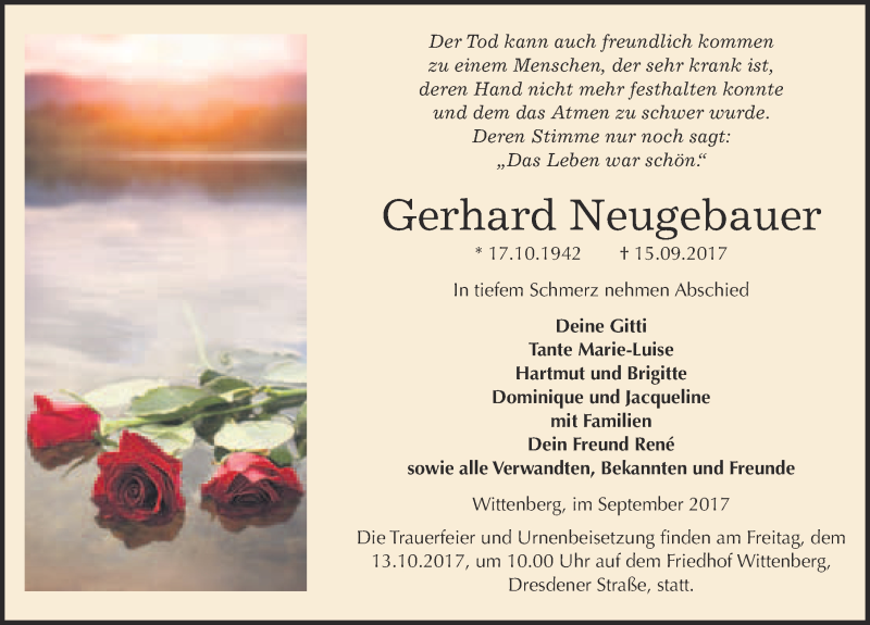 Traueranzeigen Von Gerhard Neugebauer Abschied Nehmen De