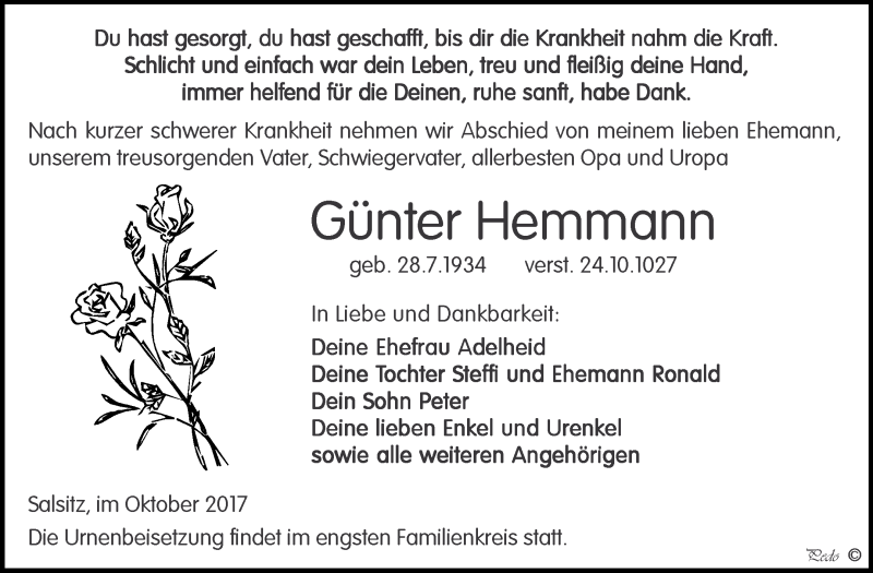 Traueranzeigen von Günter Hemmann abschied nehmen de