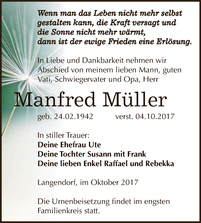 Traueranzeigen Von Manfred M Ller Abschied Nehmen De