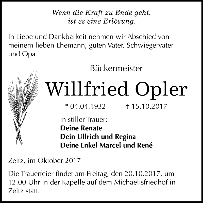 Traueranzeigen Von Willfried Opler Abschied Nehmen De