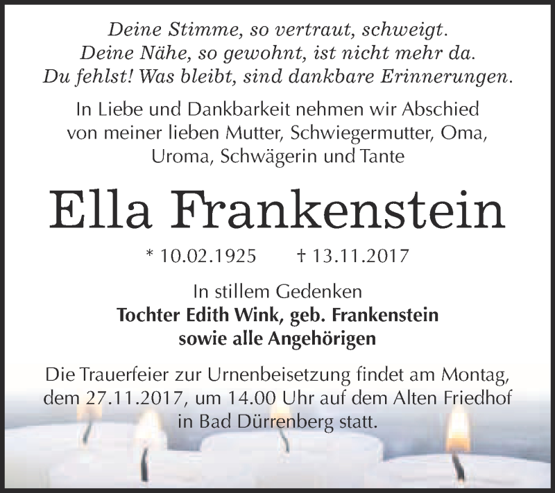 Traueranzeigen Von Ella Frankenstein Abschied Nehmen De