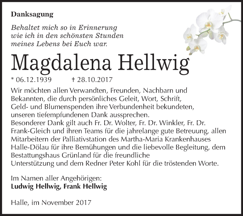 Traueranzeigen Von Magdalena Hellwig Abschied Nehmen De