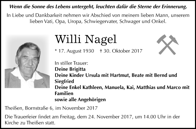 Traueranzeigen Von Willi Nagel Abschied Nehmen De