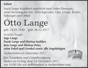 Traueranzeigen Von Otto Lange Abschied Nehmen De