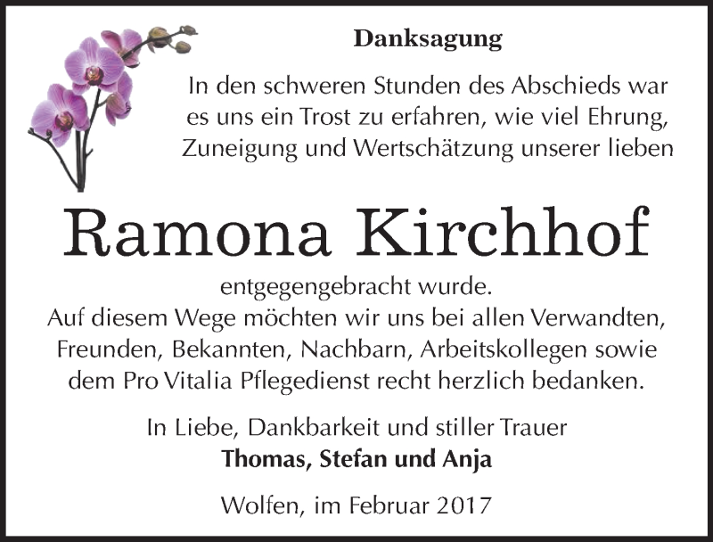 Traueranzeigen Von Ramona Kirchhof Abschied Nehmen De